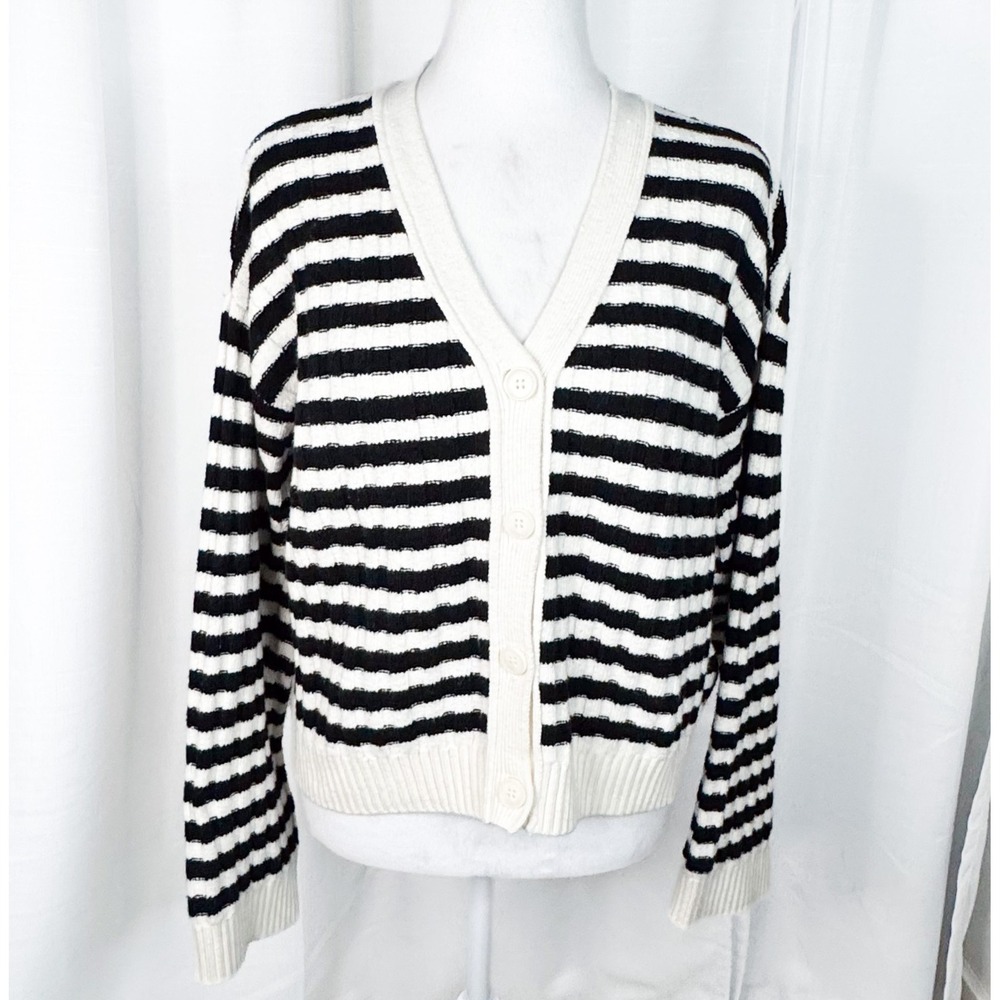 MSCH Moss Copenhagen Kitna Cardigan Sweater Womens S/M Black White Stripe V Neck